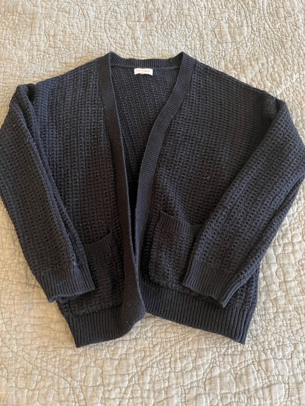 Girls Black Open-Front Waffle Knit Cardigan with Front Pockets